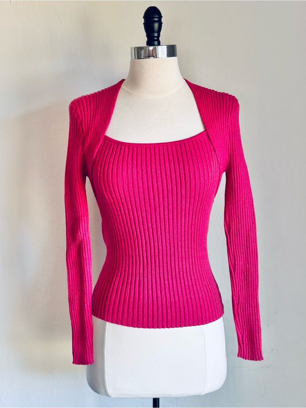 Hot Pink Ribbed Knit Long Sleeve Top - Fitted Square Neck